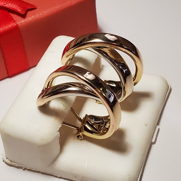 Estate Crossover 2Bar 14Kt 2Tone Omega Back 3/4" Diameter Hoop Earrings #23143 - Picture 1 of 5
